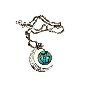 Moon Butterfly Pendant Necklace Silver Crescent Fairy Jewelry Gift